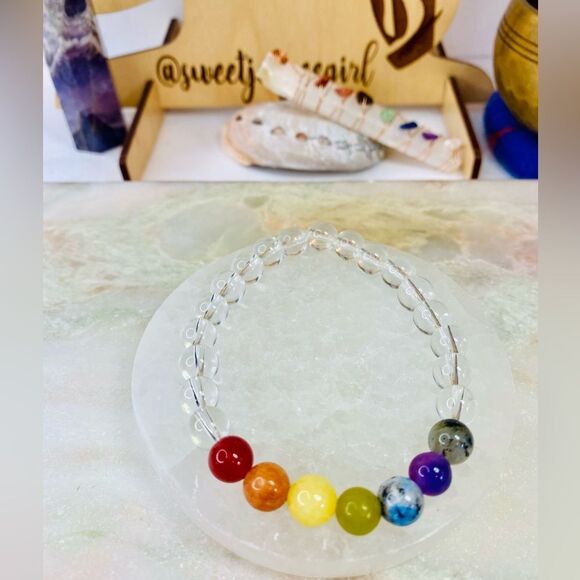 Handmade Clear Quartz& Mixed Rainbow Gemstone Bead Bracelet - Picture 4 of 6
